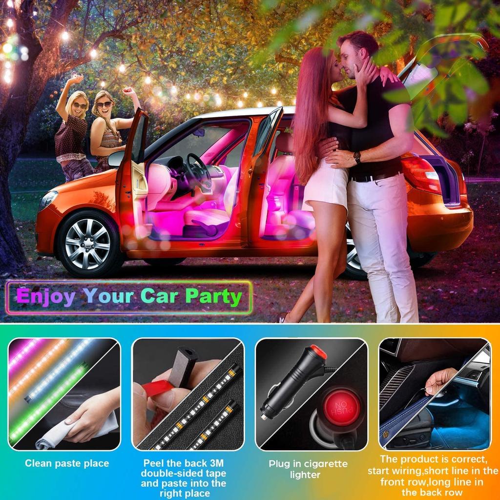 SUPER COCHE Kit de Tira de Luz LED para Coche con Activación por Sonido y Kit de Luz Ambiental de Neón CC Inalámbrico EJ's 4 Piezas 48-LED Mando a Distancia, 12V, Multicolor, Música,