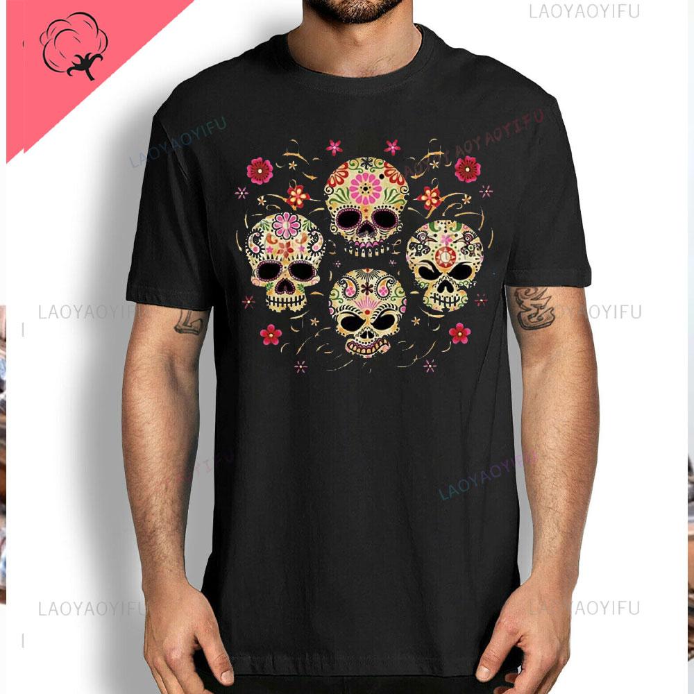 Day of Dead Floral Sugar Skulls Cotton Tee T Shirts Dia De Los Muertos Mens and Womens Graphic Tshirts Y2k Clothes Streetwear