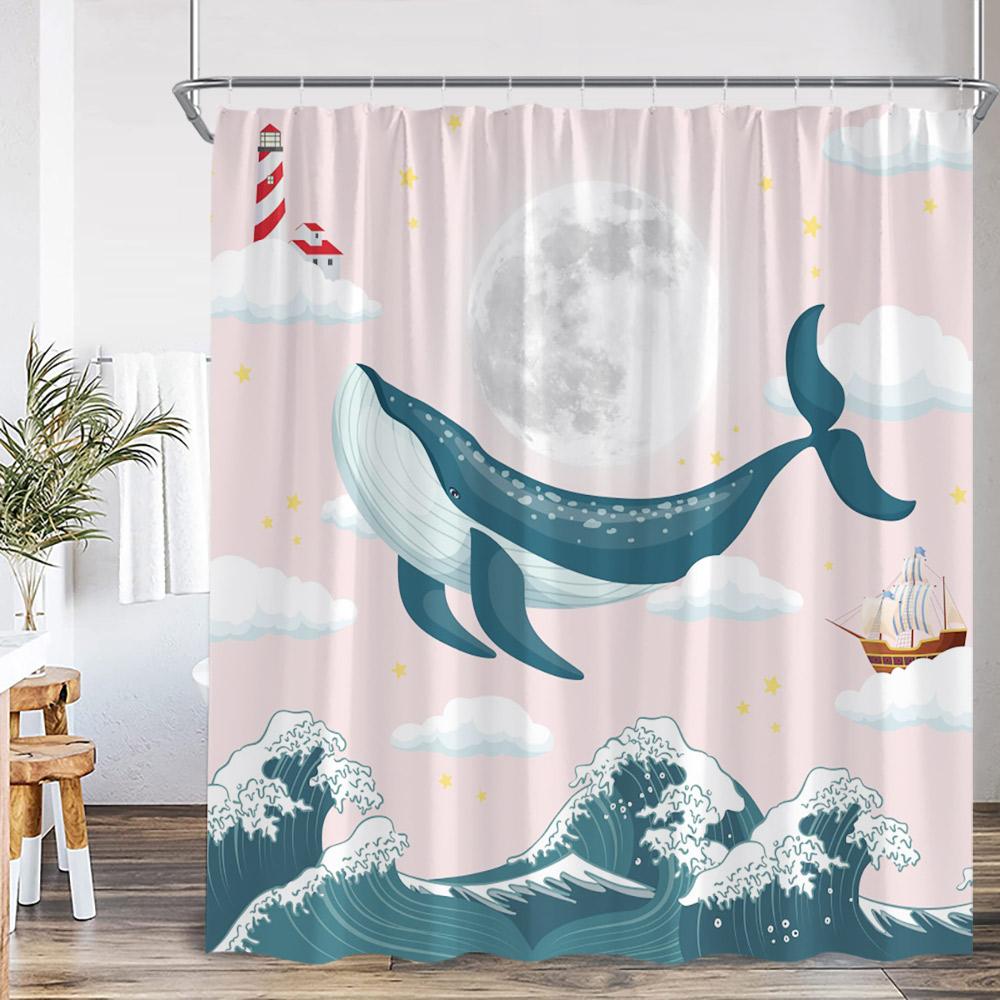 Cartoon Shower Curtain Ocean Animals Blue Whale Tropical Fish Lion Plantes Kids Bathroom Decor Polyester Bath Curtain with Hooks