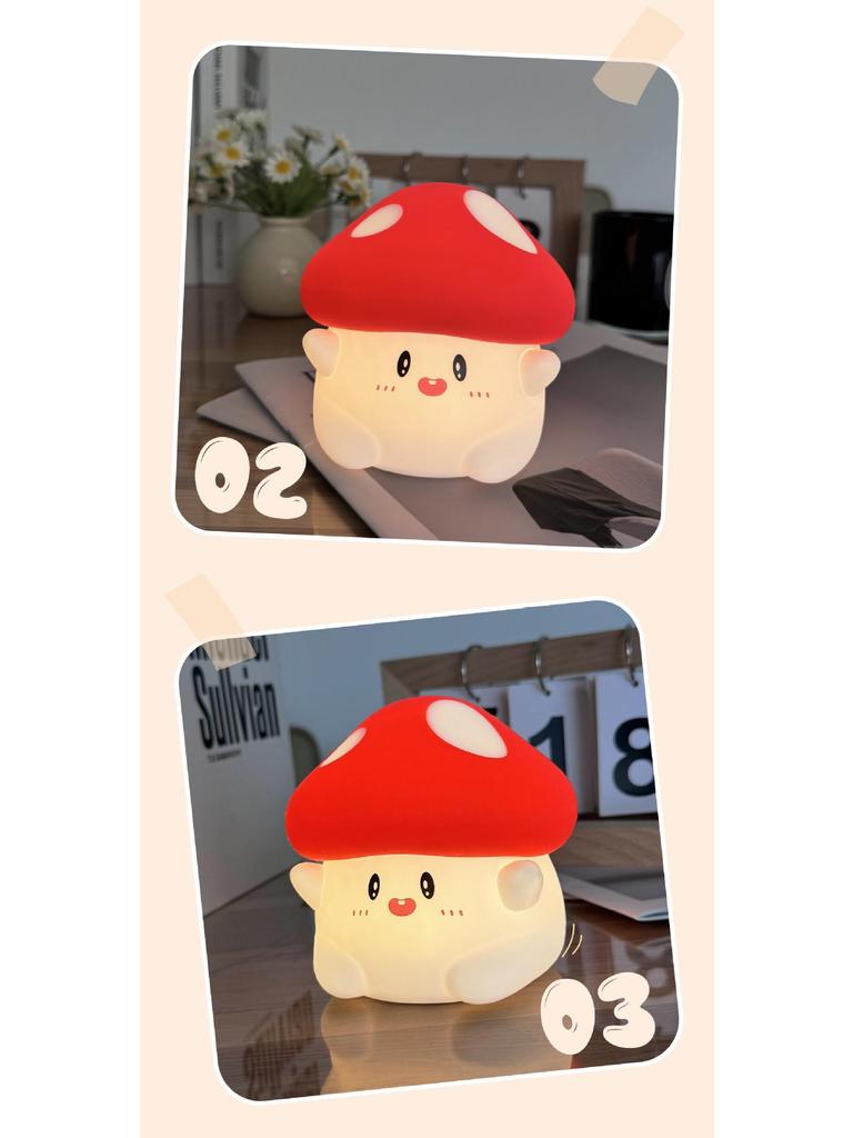 Mushroom Night Light: USB Rechargeable, Dual Brightness Silicone Tap Lamp with Timer - Cute Bedside Sleep Companion LED.