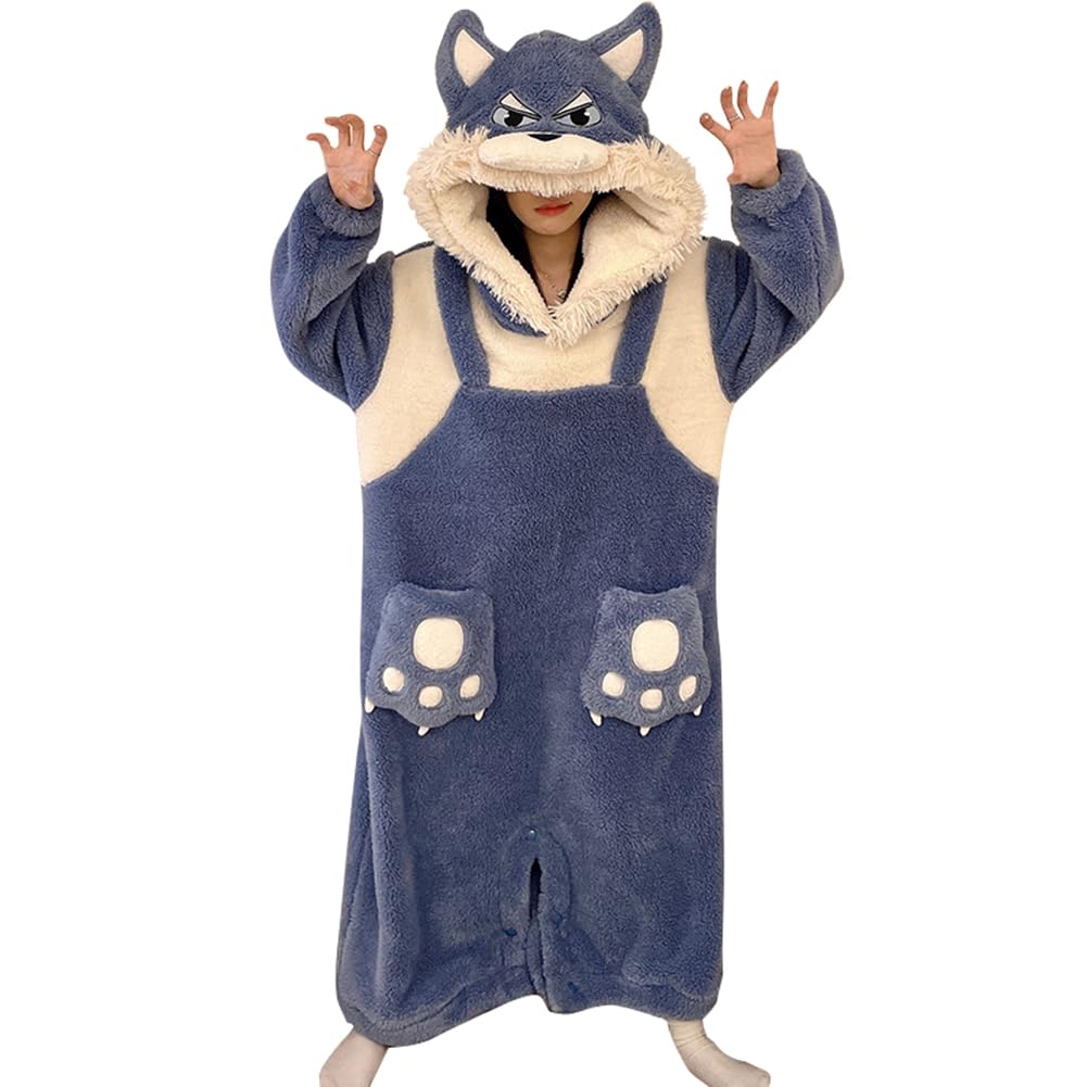MTKCNTL Winter Fluffy Wolf Costume with Warm Flannel and Fleece Long Cute Gift Women's All-in-One Pajamas, Thick, Hood, Lining, Unisex, Sleeves, (Size