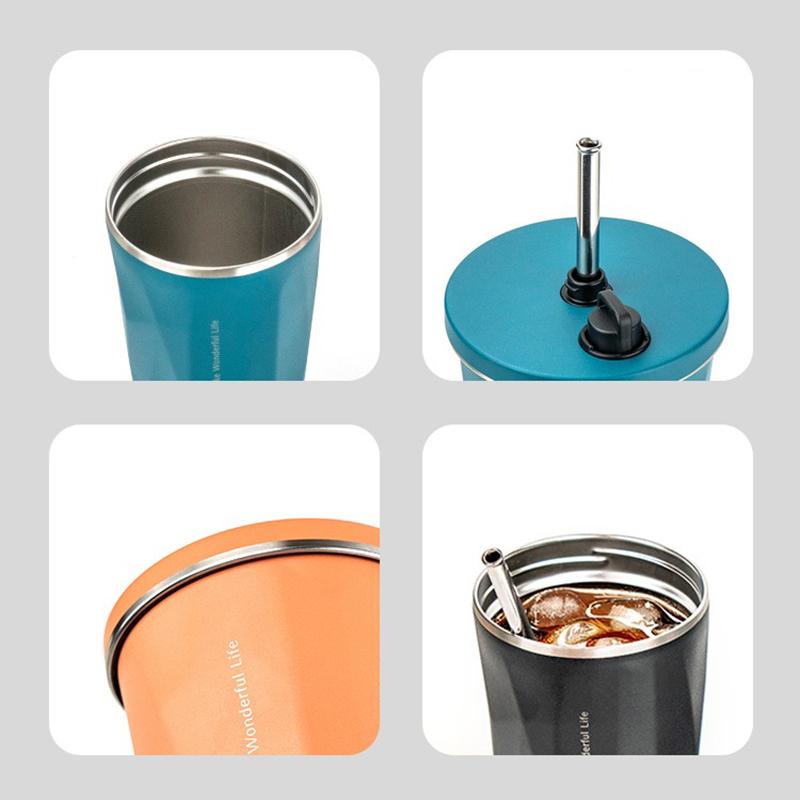 600ml Portable Coffee Cup Tyeso Stainless Steel Thermos Bottle with Straw Summer Cold Drink Cup Students Vacuum Insulated Bottle