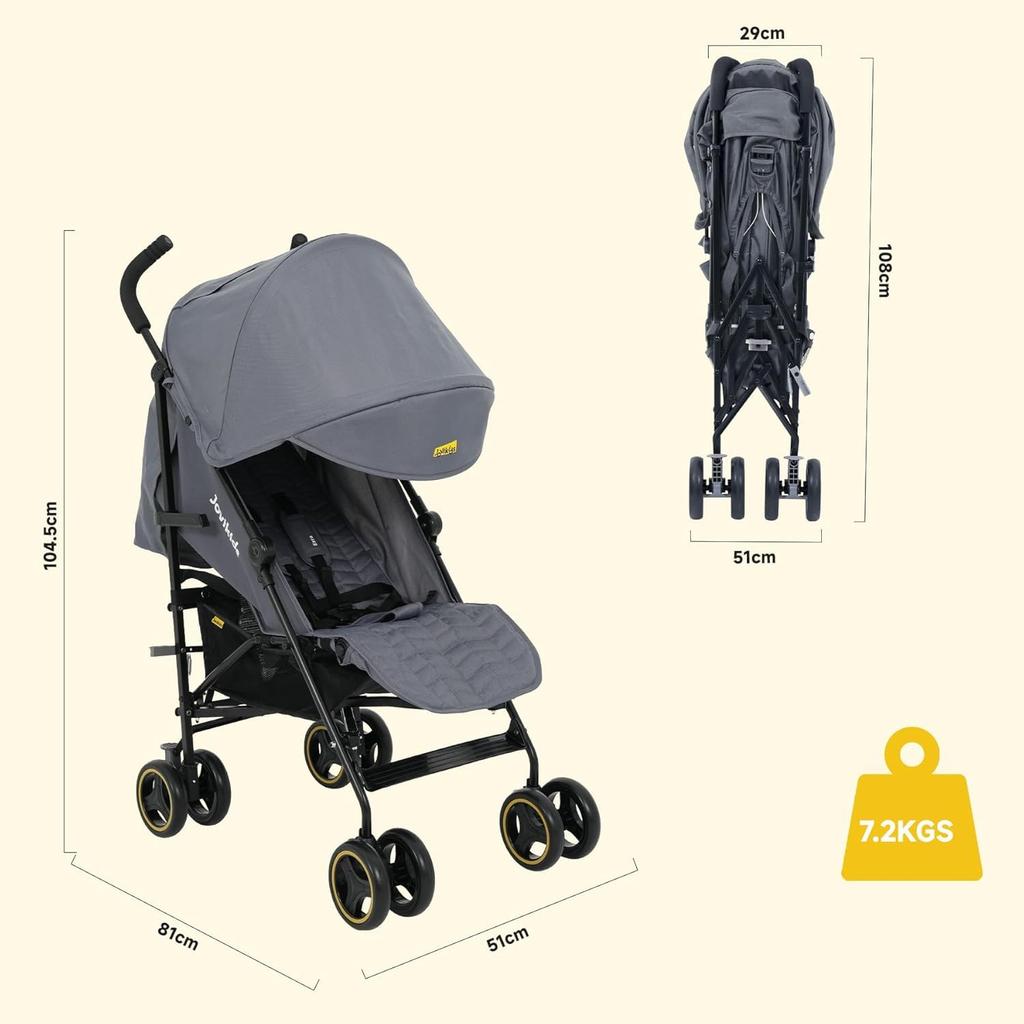 Cochecito Jovikids, Cochecito Plegable Pequeño con Función Reclinable, Cochecito de Viaje Plegable hasta 22 kg Incl. Toldo solar, funda para la lluvia y portavasos (gris)