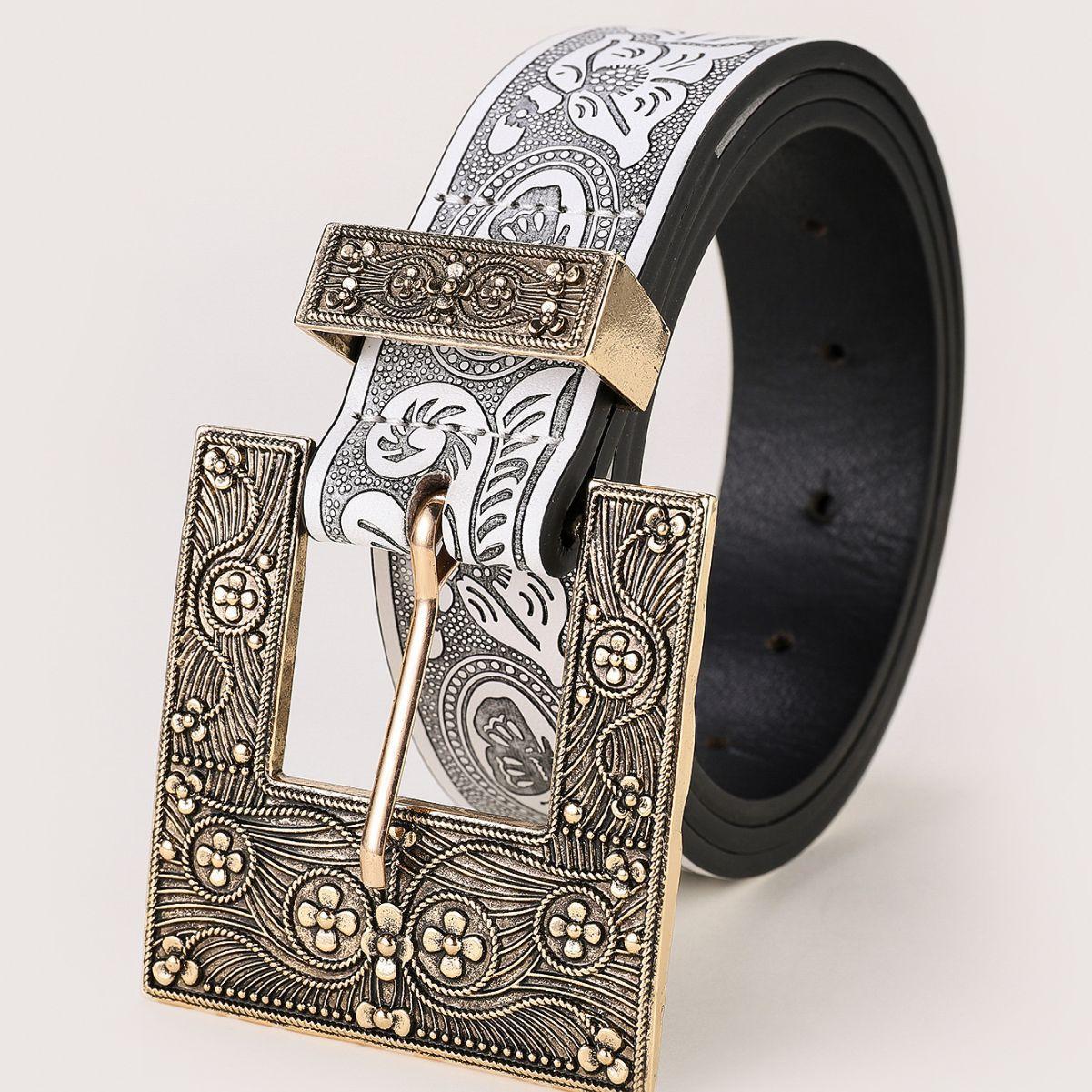 

Ethnic Stylish Retro Floral Leather Belt With Metal Buckle For Men And Women