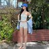 New pure blue and white strips split neck conservative boxers small breasts gather island vacation hot spring swimsuit women