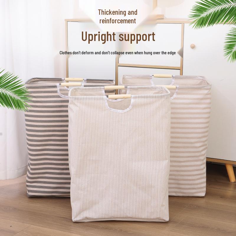 Foldable Cotton-Linen Laundry Hamper with Wooden Handle - Waterproof and Portable for Bedroom & Bathroom
