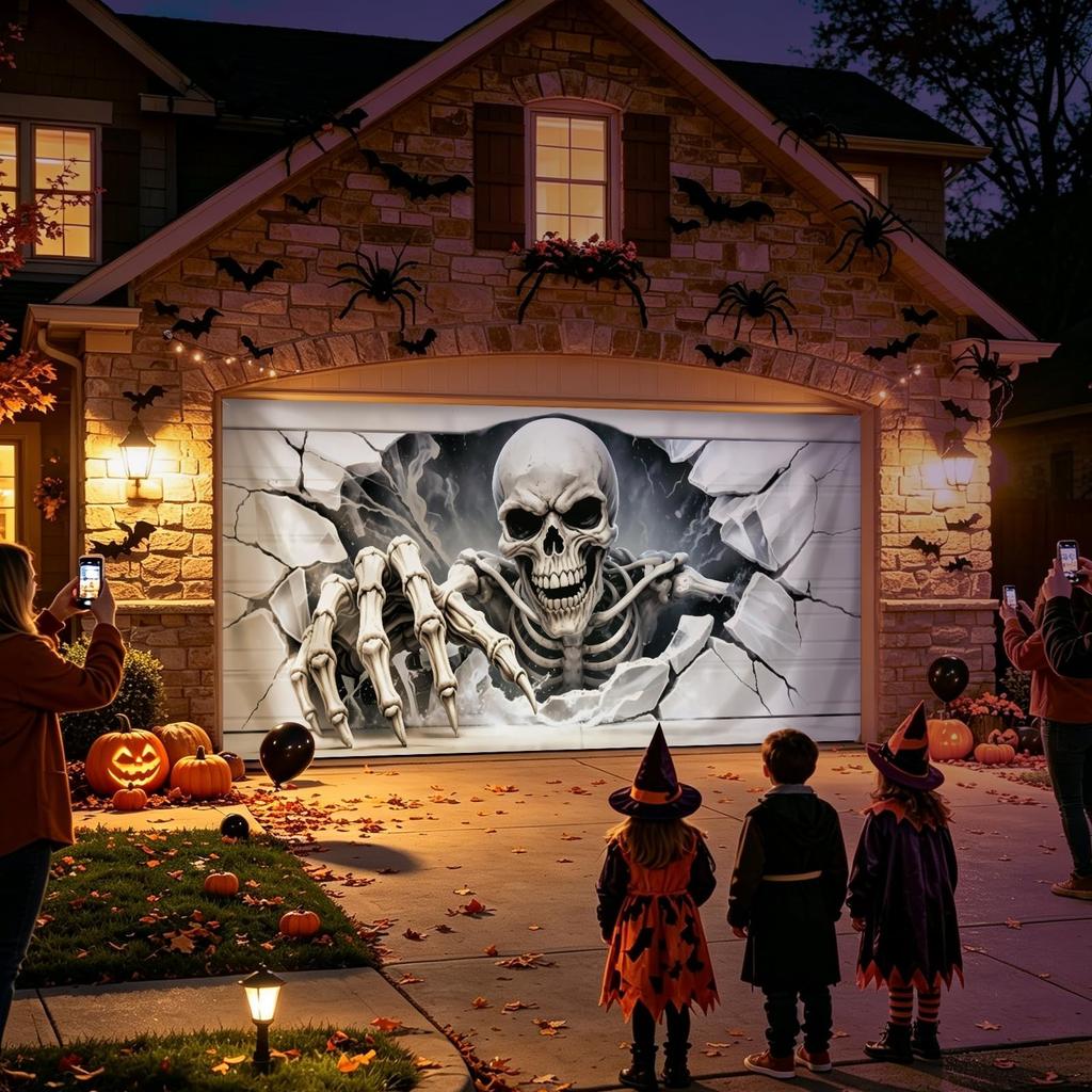Copertura per Porta del Garage di Halloween, 7×16 Piedi Teschio Decorazioni di Halloween per Esterni
