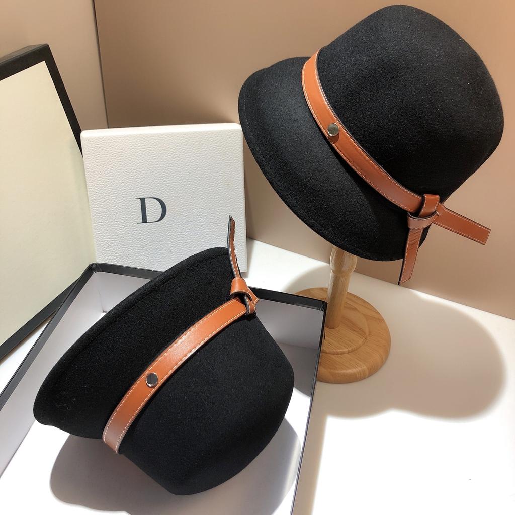 Hepburn Style 100% gruby wełniany abażur kapelusz delikatny modny wiązany pasek asymetryczny tweedowy cylinder