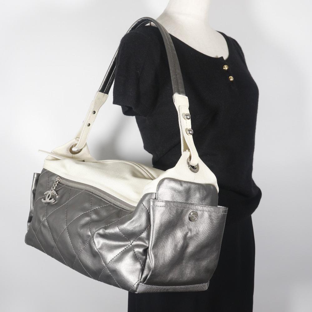 Chanel Paris Biarritz Shoulder Bag A34206 One Belt Matelasse Silver Coated Canvas Women Used