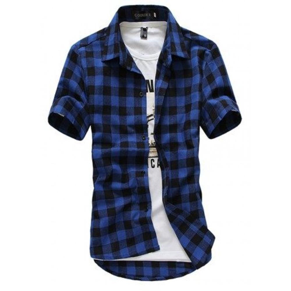 

Summer Men s Casual Short-sleeved Checked Lapel Shirt 3XL темно-синий