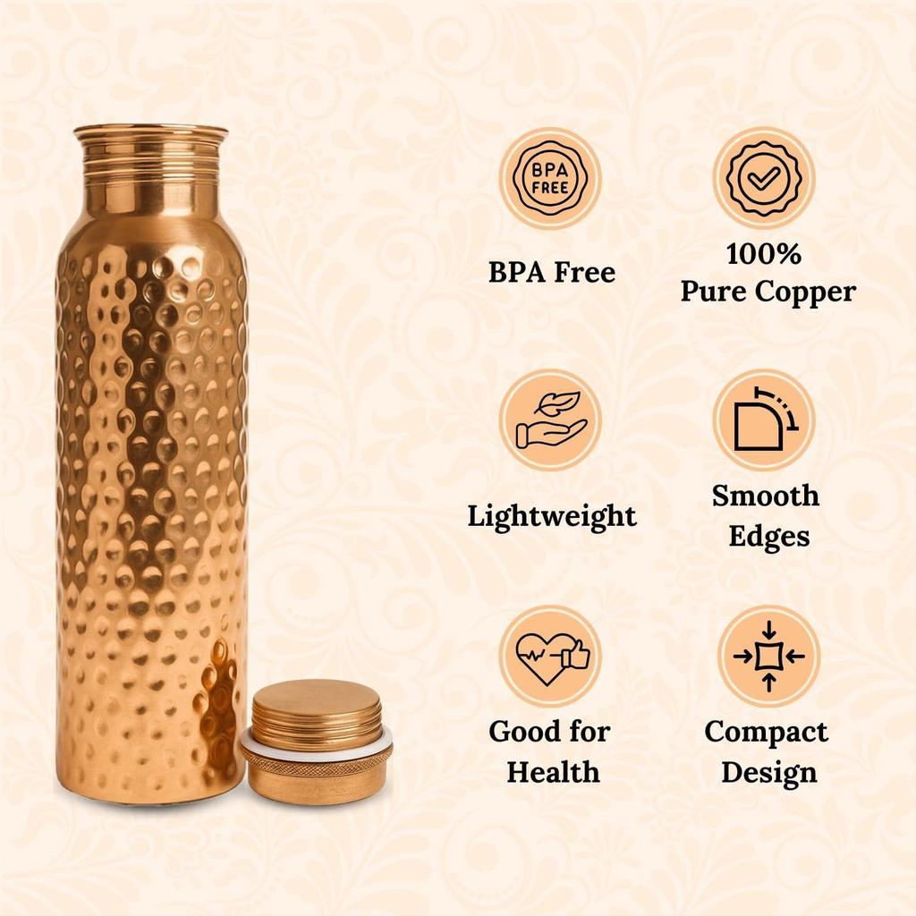 Pure Copper Water Bottle 1L | Ayurvedic Pure Copper Water Bottle with Leakproof Lid | 1L Water Bottle for Office & Gym (Copper Hammered)
