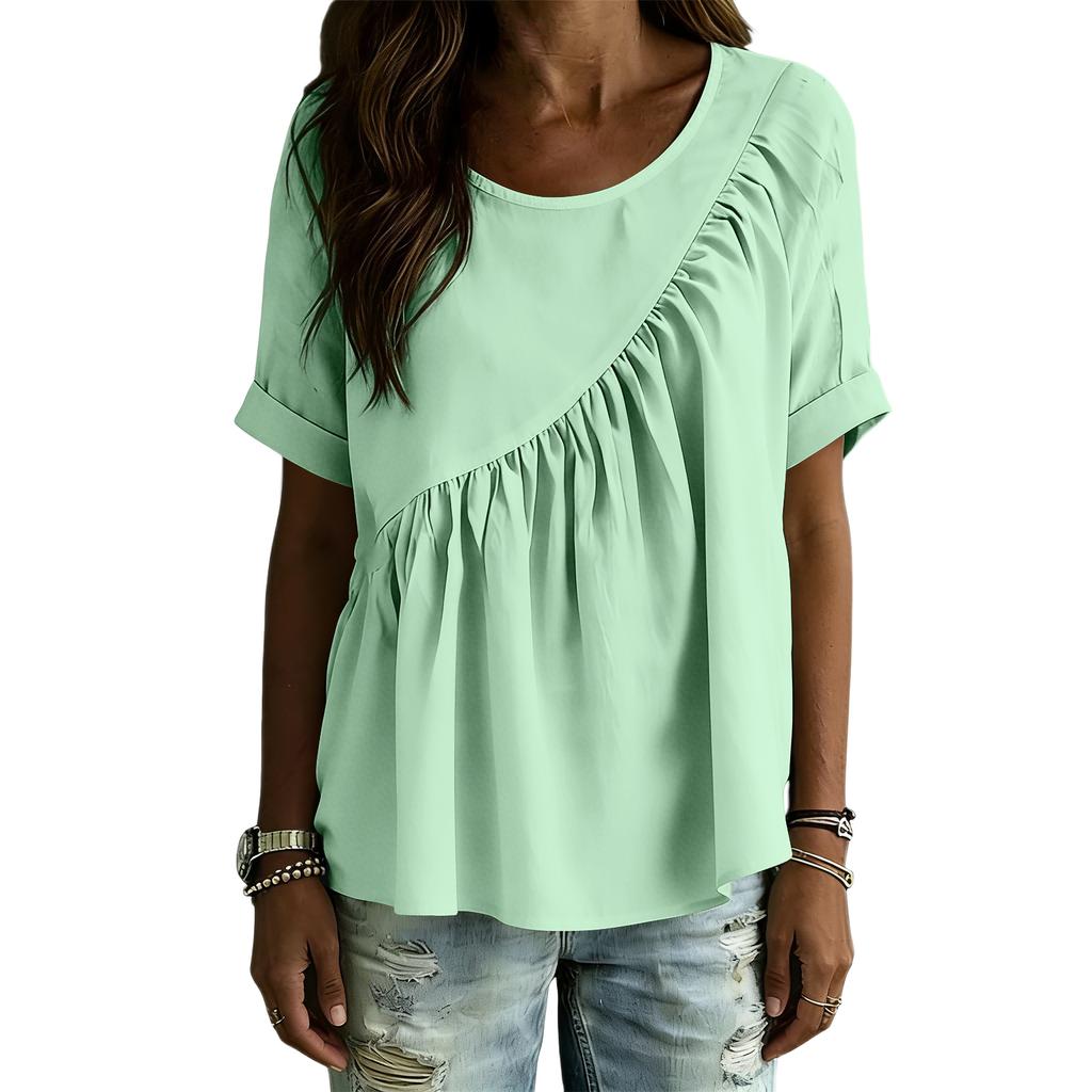 Women's Fashion Loose-Fit Round-Neck Short-Sleeve Gathered T-Shirt Top