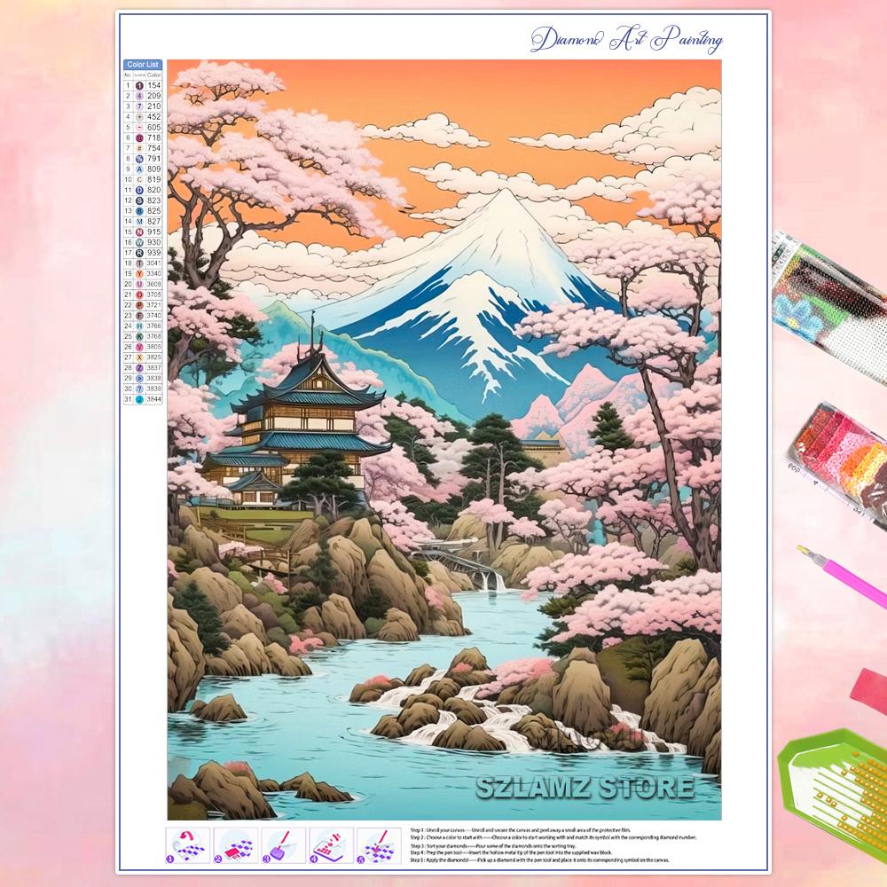 DIY Diamond Painting Cherry Blossom Fuji Mountain Landscape Mosaic Embroidery Cross Stitch Kit Living Room Home Art Wall Decor