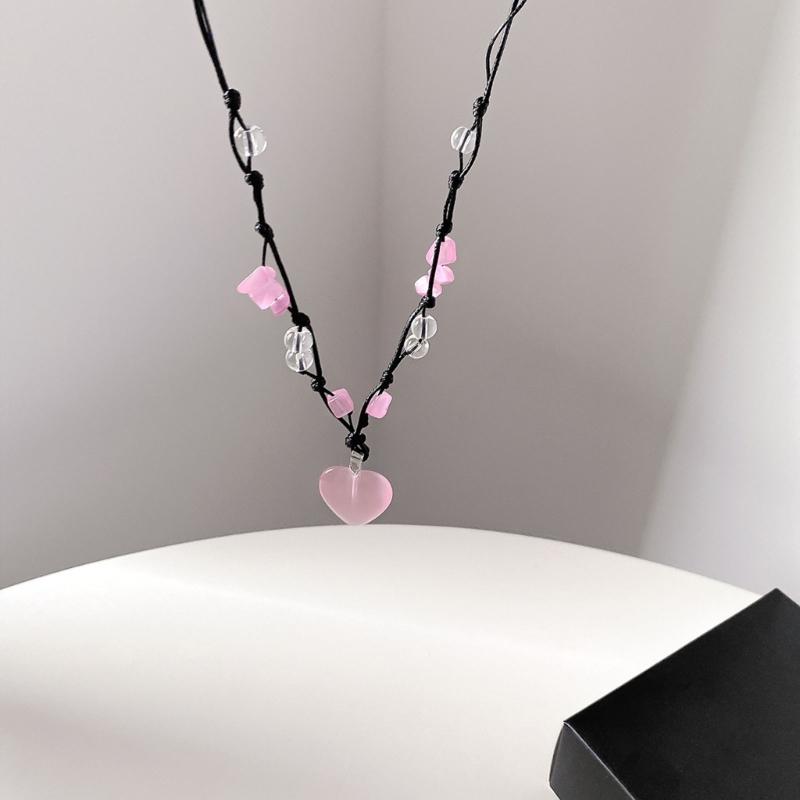 Heart Natural Stone Necklace Woven Rope Chain Choker for Women Girl Unisex Necklace Gemstone-Jewelry Ornament Gift
