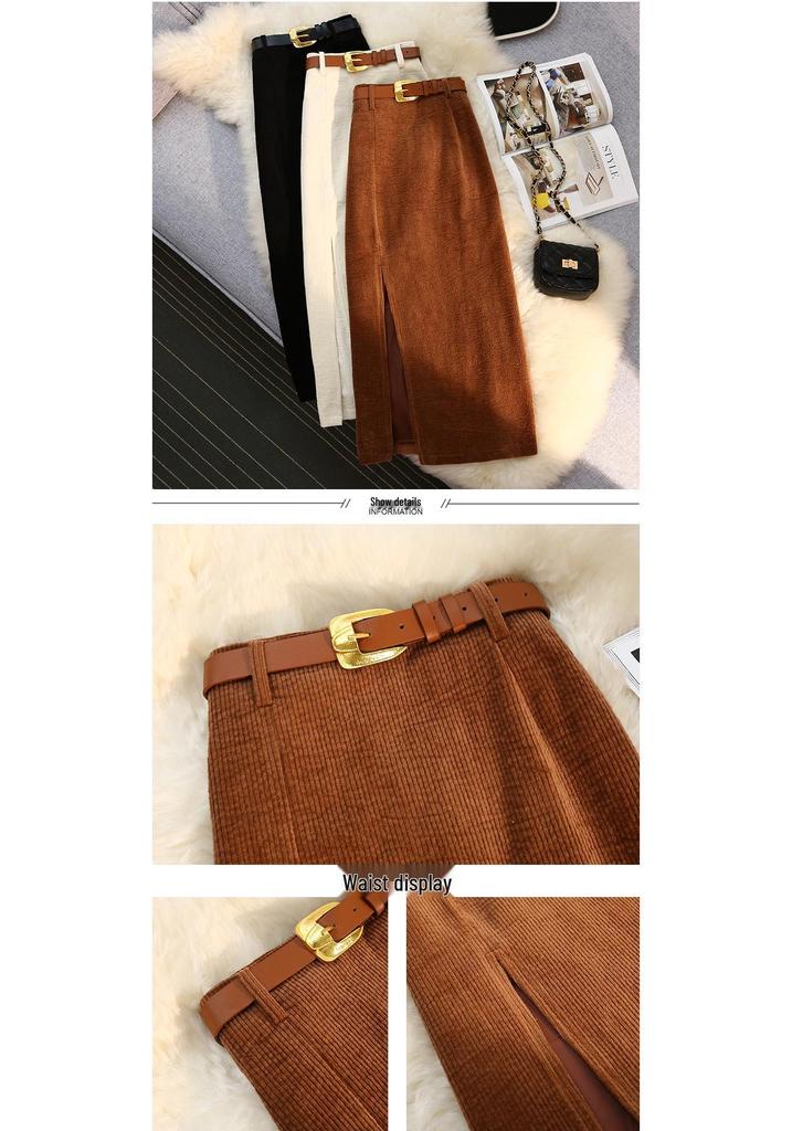 Hong Kong Style High-Waist Corduroy Split Midi A-Line Skirt with Belt for Women - Autumn/Winter