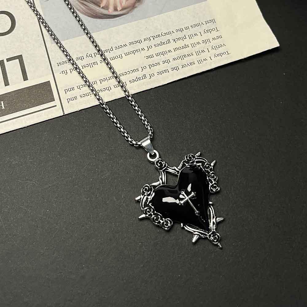 Gothic Bat Rose Heart Cross Pendant Necklace - Hip Hop Unisex Sweater Chain