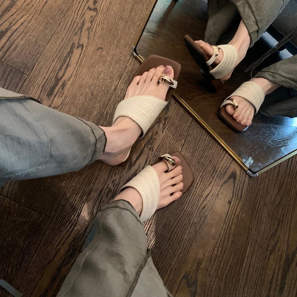 Sheepskin version~ Leather shoes thick heel holiday style straw woven toe slippers women summer wear new French cool slippers