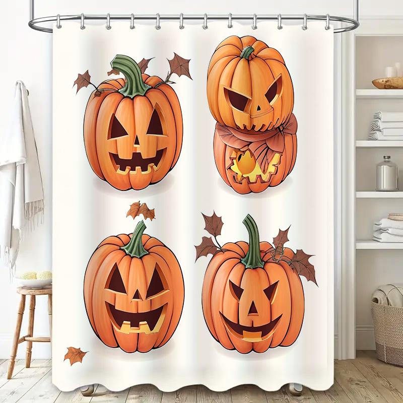 Orange Halloween-themed Pumpkin Shower Curtain Set for Bathroom Decoration with Spooky Design Art Print.
