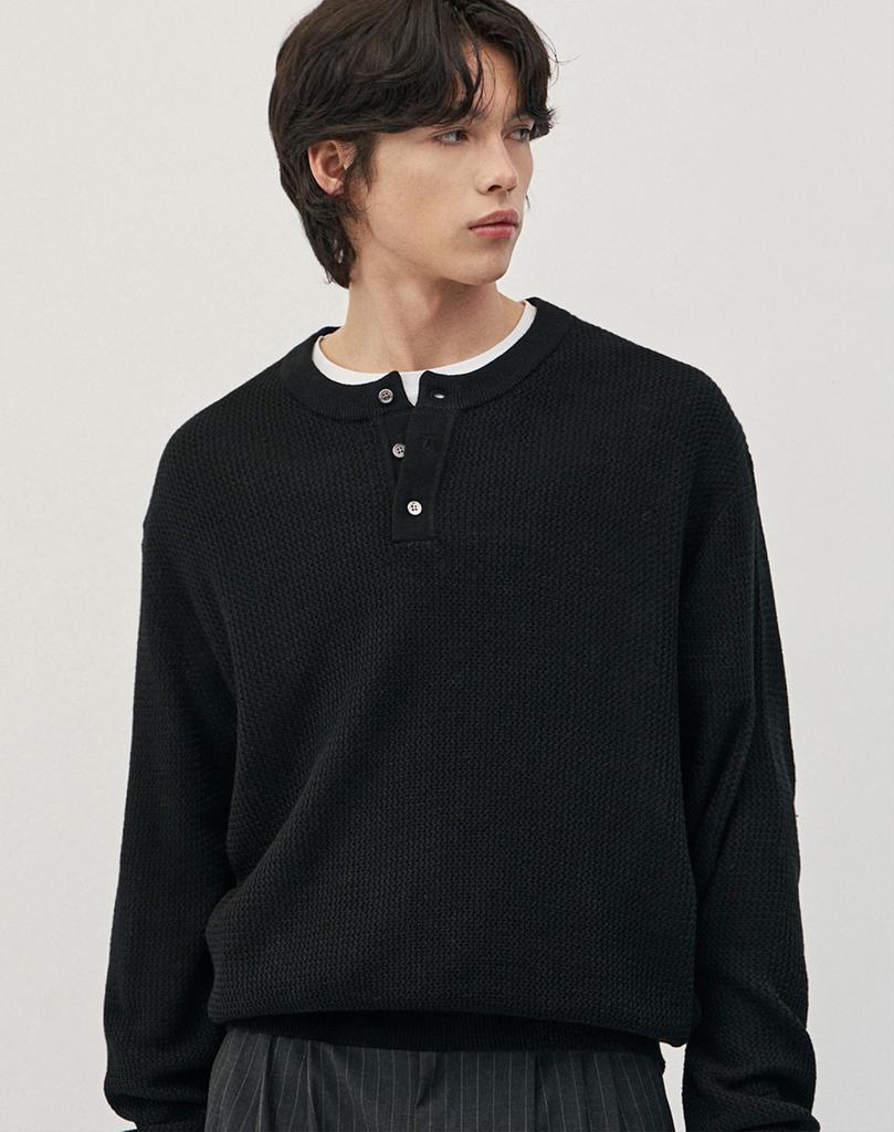 WORK ON BODY OFF Easyon Semi-Overfit Henley Neck Knit [Black]