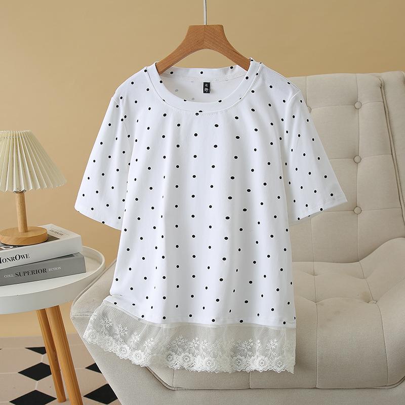 

Women s Summer Short-Sleeve Polka Dot T-Shirt with Lace Hem and Round Neck for A Slimming Look 4XL