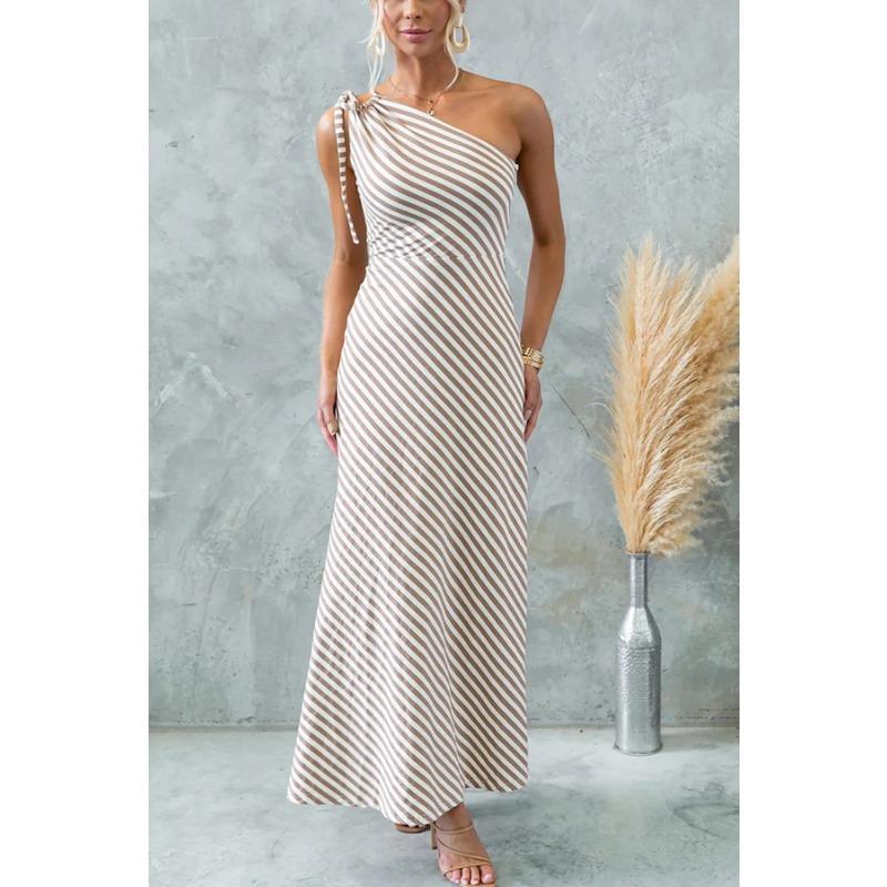 

Женская мода лето весна полосатый принт без рукавов косой воротник высокая талия повседневные платья XXL коричневый