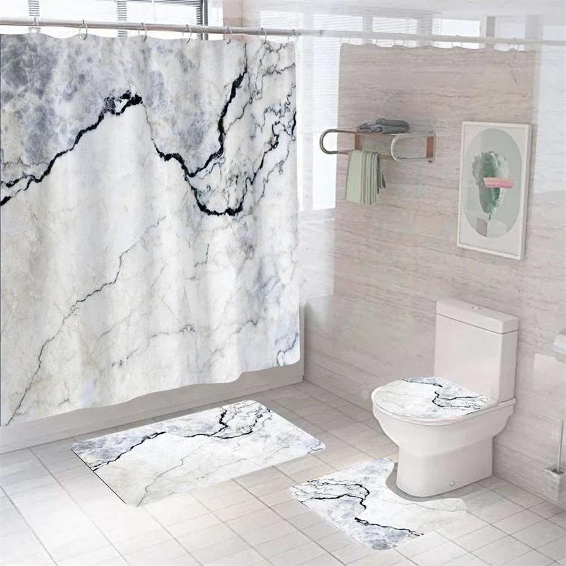

Luxury 3D Marble Shower Curtain Set Polyester Fabric Waterproof Batthroom Curtains Modern Style Printing Bath Toilet Cover Mat W90xH180cm