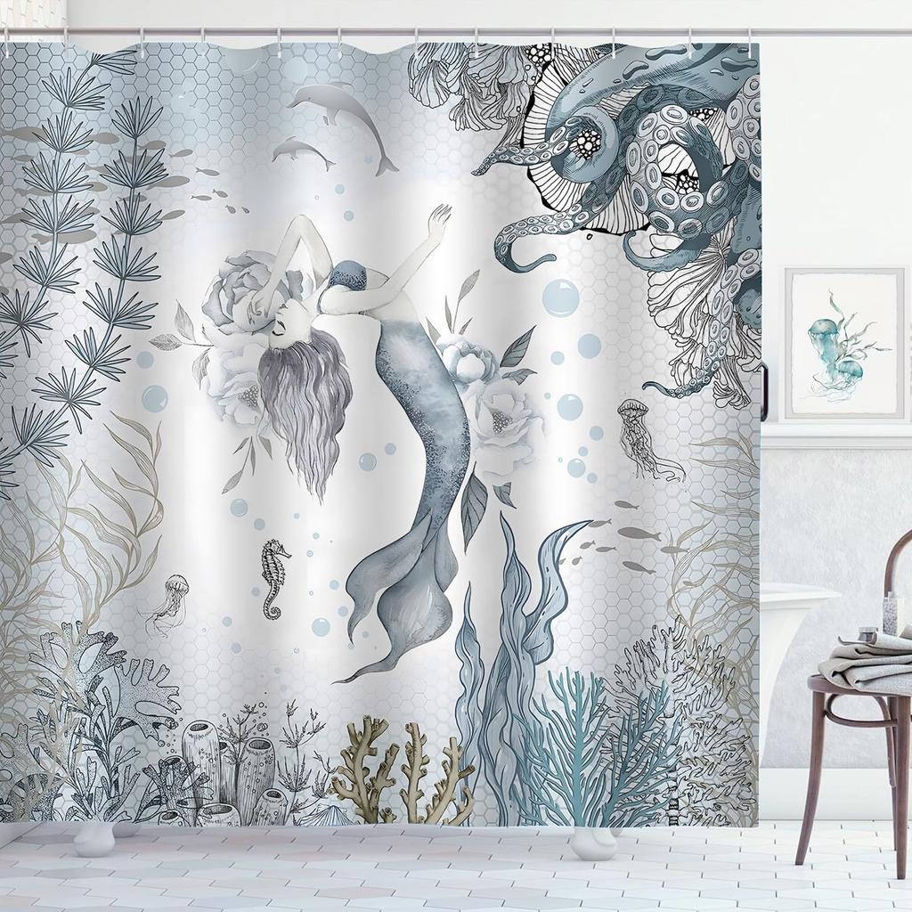 Coastal Turtle Shower Curtain Fish Coral Starfish Shell Blue Ocean Beach Waterproof Polyester Fabric Bathroom Curtains