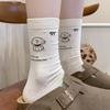 White Cute Cartoon English Dog Boneless Mid-calf Socks for Women, Pure Cotton Bow Polka Dot Pile Socks