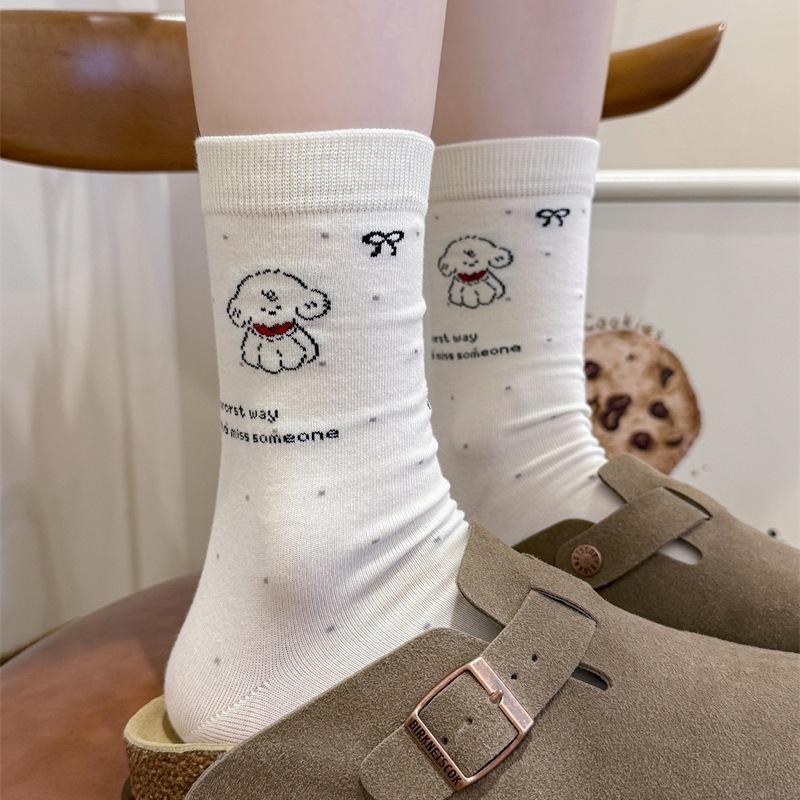 White Cute Cartoon English Dog Boneless Mid-calf Socks for Women, Pure Cotton Bow Polka Dot Pile Socks