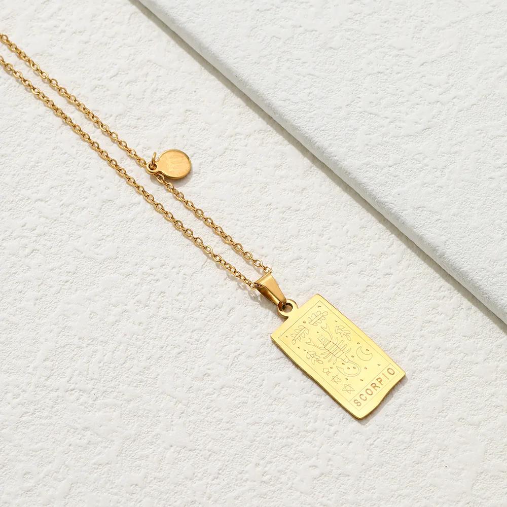 Vintage Geometric 12 Constellations Square Pendant Necklace Fashion Gold Color Metal Collar Charm Necklace Jewelry 2024 New
