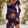 Women Criss Cross V Neck Long Sleeve Fitted Halloween Printed Curved Hem Dress