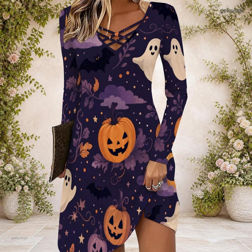 Women Criss Cross V Neck Long Sleeve Fitted Halloween Printed Curved Hem Dress