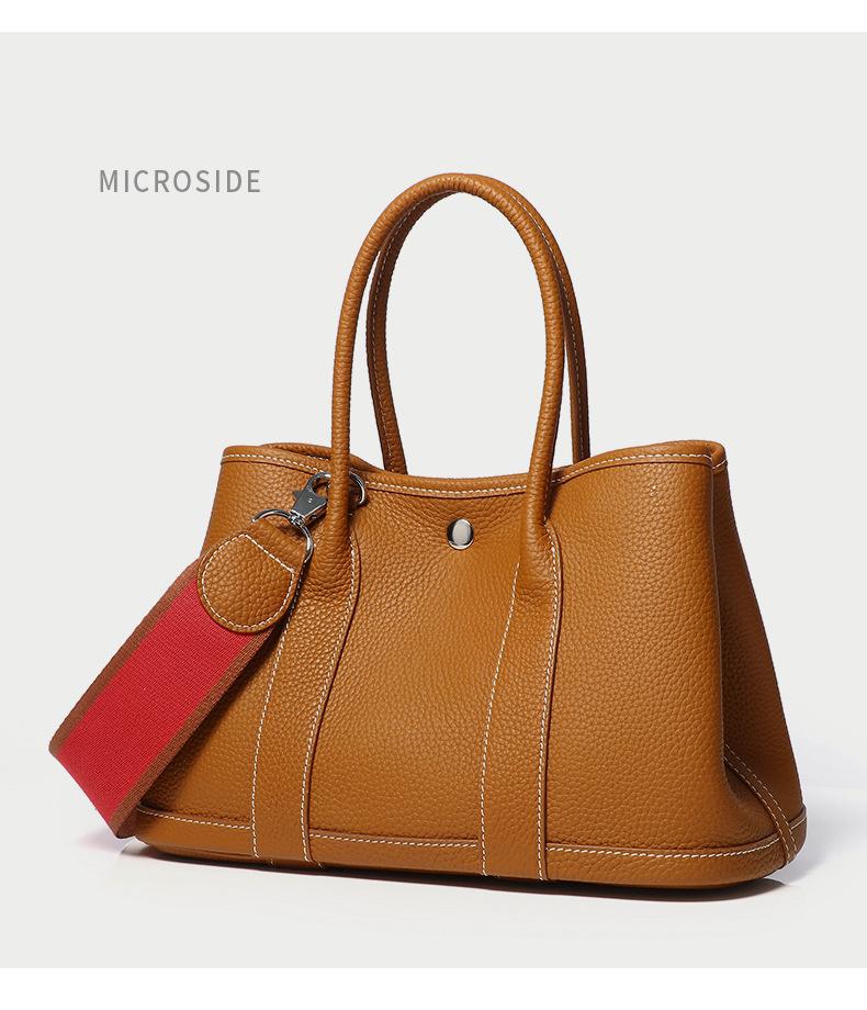 2025 Cowhide Lychee Pattern Garden Bag: Women's Color Block Wide Shoulder Strap Handbag