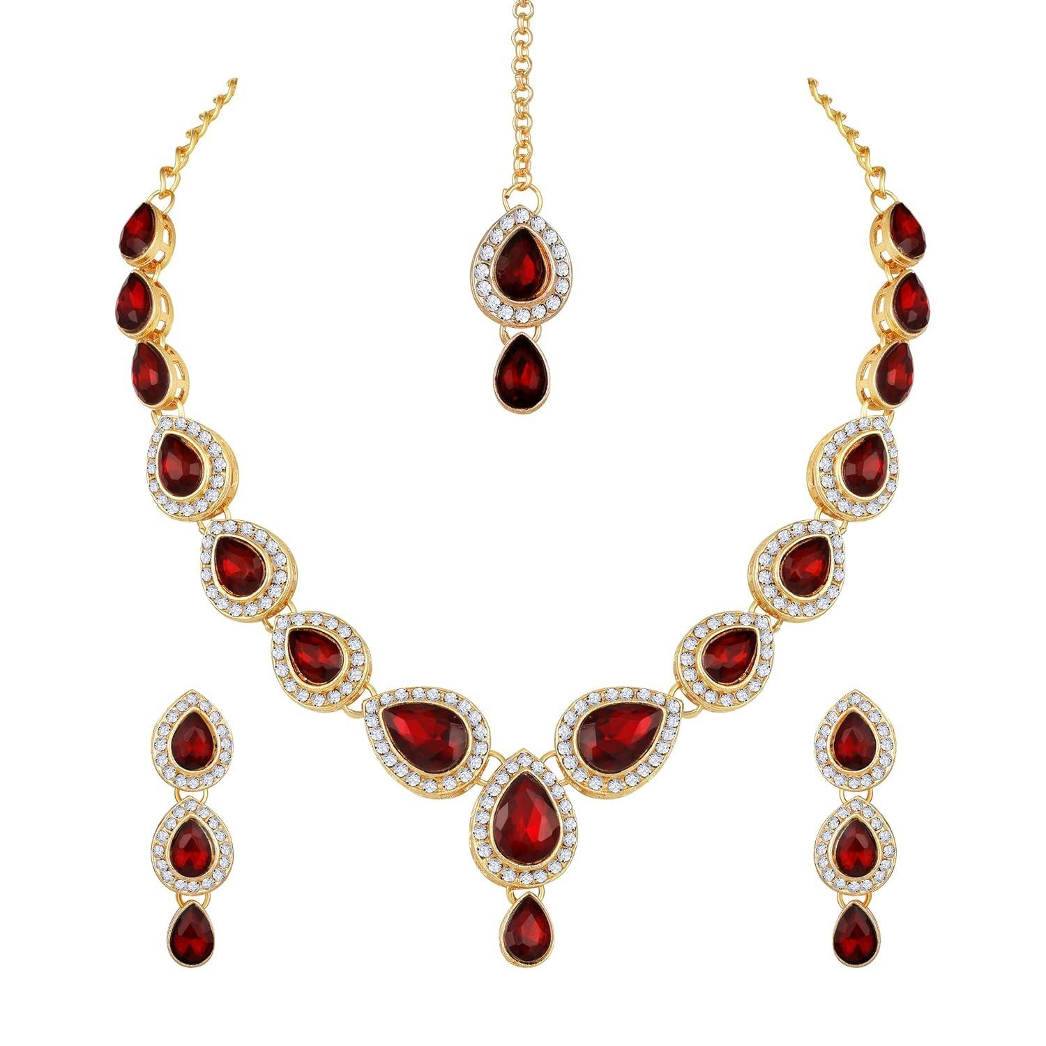 

Колье с серьгами и маанг тиккой для женщин | Элегантный набор украшений для свадеб, вечеринок и особых случаев Onesize красный