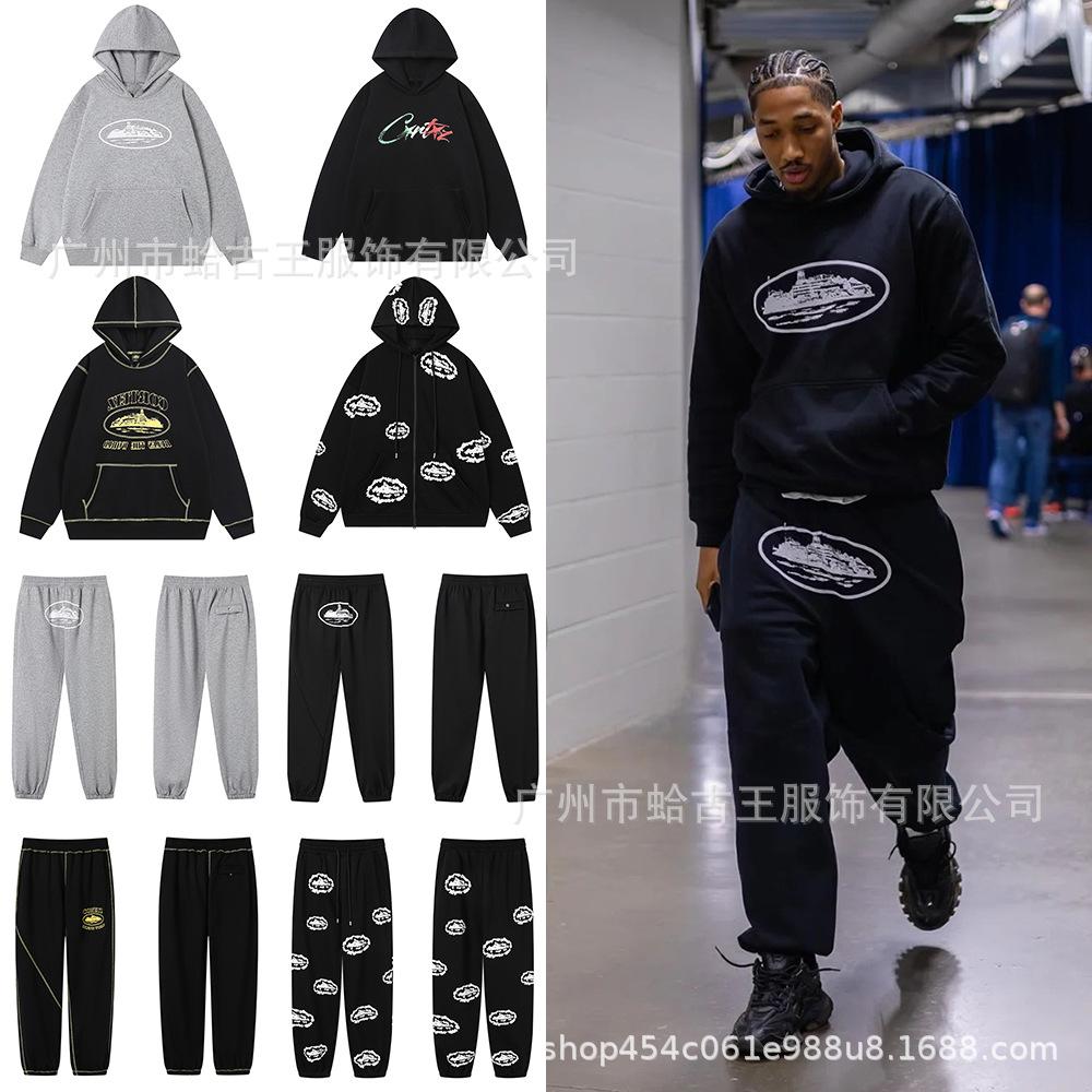 Cross-border CORT Demon Island Letter Print Unisex Plus Velvet Hooded Sweatshirt & Sweatpants Set