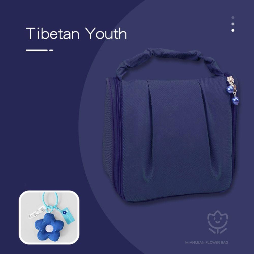 

Pleated Floral Cosmetic Bag Korean Cosmetics Case New Cute Cloud Makeup Bag navy blue-with flower