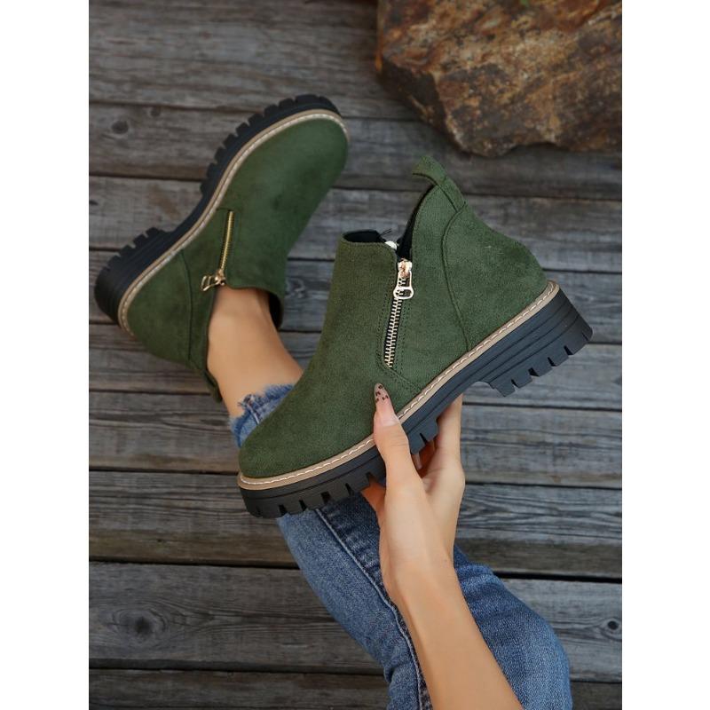 

Autumn New Retro Design Casual Zipper Short Boots for Women Comfortable Versatile Non Slip Fashion Thick Soled Ankle Boots 38 зелений
