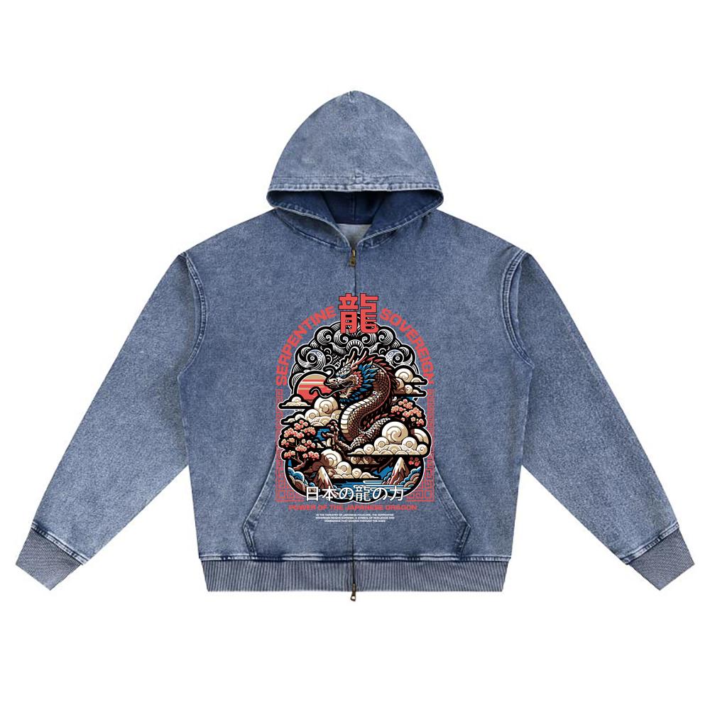 DTG print Knitted Denim Zip-Up Hoodie Japan Samurai Brother Print Zipper Hoodies  