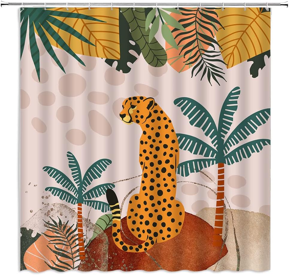 Leopard Palm Shower Curtain - Cheetah Tropical Jungle, Pink Yellow Green, Boho Modern Art, Polyester, Includes Hooks, Bath Decor