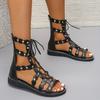 [Goldene Römersandalen] Goldene Metallnieten Damen Schwarze Römersandalen aus Kunstleder | Offene Zehenpartie, Schnürdesign, Gummisohle, Ganzjahres-Tragekomfort, Damensandalen