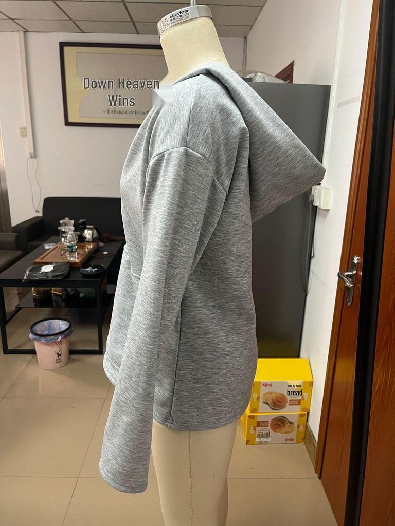 Grey Elegant Hooded V-Neck Women's Sweatshirt for Autumn and Winter 2025