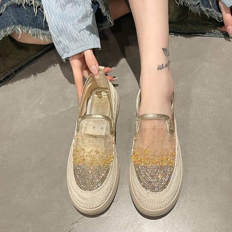 Lace Mesh Breathable Shoes for Women Summer Daily Routine Korean Designer Luxury Rhinestone Slip On Casual Light Woman Footwear