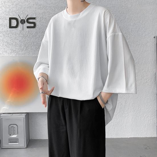 Men's Round Neck T-shirt Three-Quarter Length Sleeves Solid Color T-shirt Casual Style Loose Fit Tee Shirt for Street Travel Vacation
