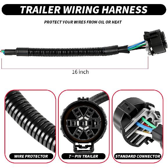 7 Pin Trailer Wiring Harness Kit, Trailer Tow Hitch Wiring Harness Plug Connector Kit, Truck Plug for Ford F-150 F-250 F-350 GM Chevy Dodge Ram,7