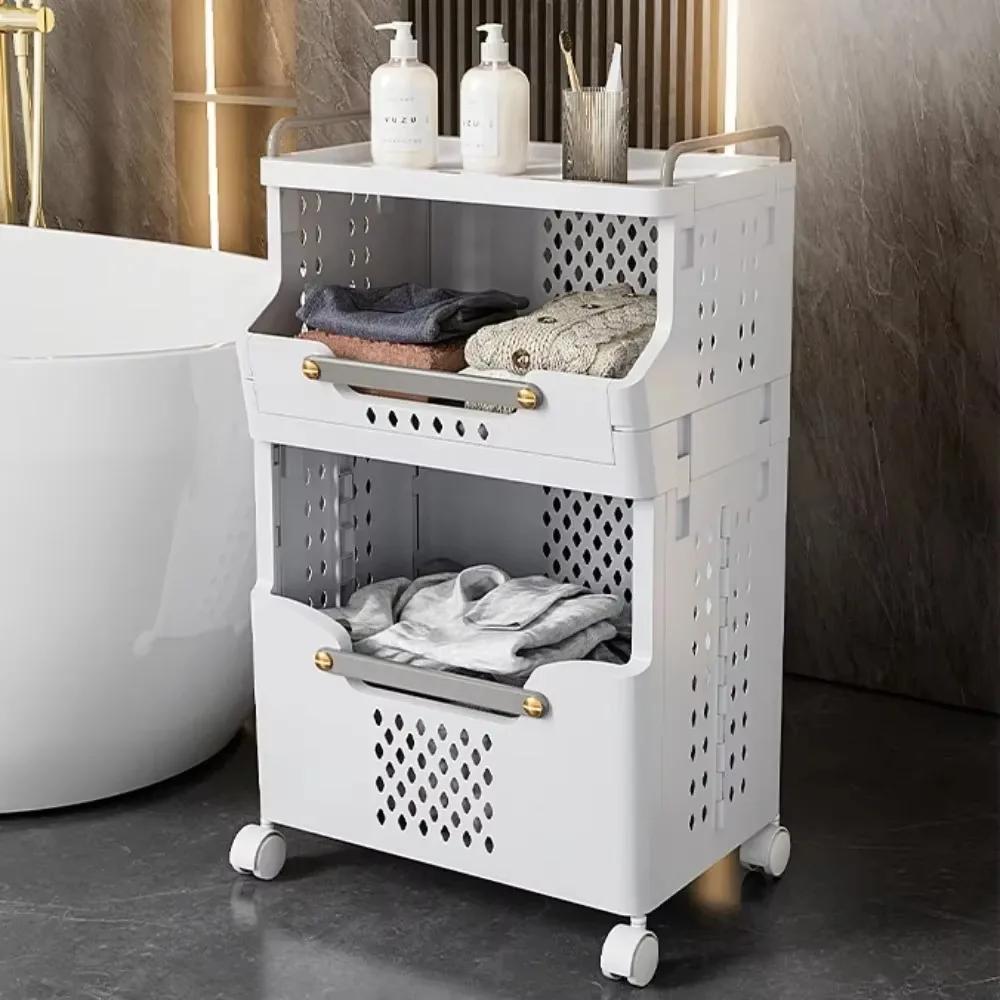 Dirty Clothes Basket Fold Plastic Move Toilet Storage Frame with Wheel Hollow Out Design High-capacity Household Storage Racks