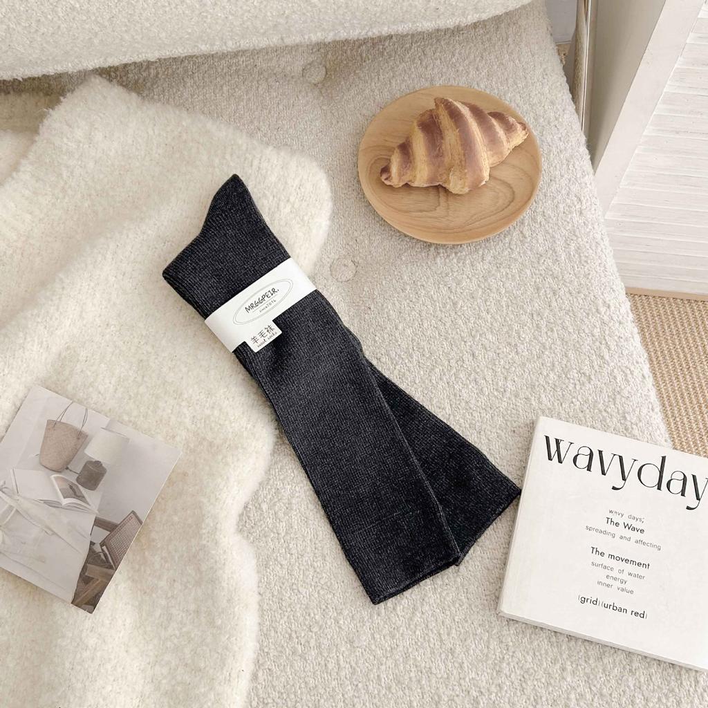 Solid Color Wool Calf Socks Warm Socks Thin Strip Coffee-Colored Long Tube Thickened Soft Waxy And Thin Stacking Socks