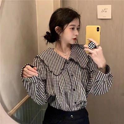 Damen Karobluse Langarm - Retro Puppenkragen, Hongkong-Stil für Frühling & Herbst 2025