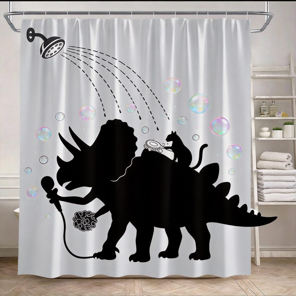 Dinosaur Shower Curtain 1180x180cm – Funny Cat Sidekick, Bathroom Karaoke Scene, 12 Hooks Bath decorative shower curtain