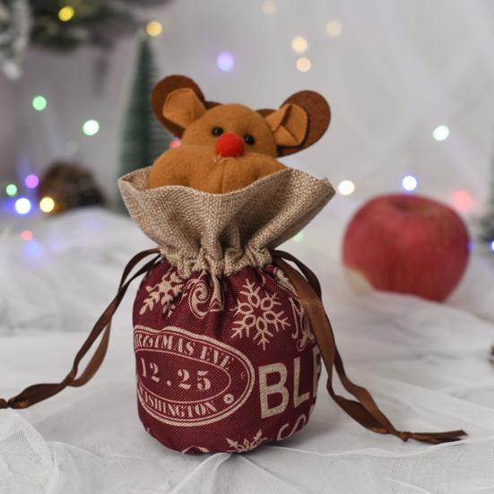 Christmas Drawstring Gift Bag 3D Plush Reindeer Santa Snowman Fruit Sacks Reusable Fabric Candies Goodie Storage Bag for Xmas Party Favors