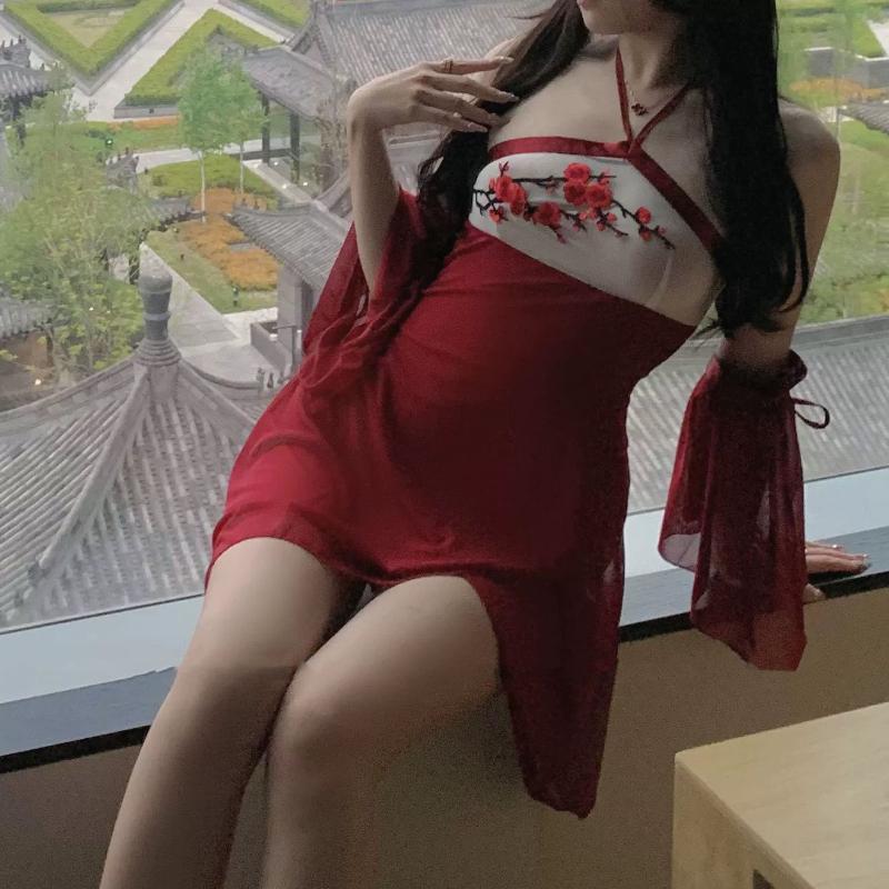 Sexy Chinese Bride Traditional Nightdress Lady Lingerie Chiffon See Through Embroidery Retro Hanfu Skirt Cosplay Classic Costume